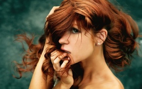 profile, redhead, hair in face, sensual gaze, face