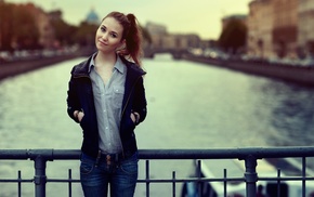 depth of field, ponytail, girl, girl outdoors, jeans