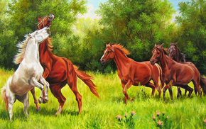 painting, flowers, nature, horses, stunner