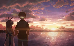 sunset, people, DJ Max, beach, anime