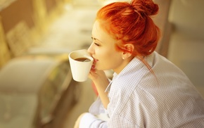 hair bun, girl, redhead, cup, coffee