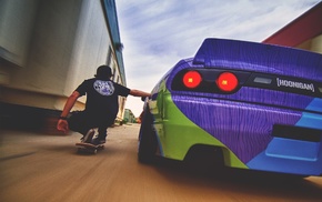 skateboard, car