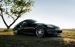 black, Nissan, field, tree, nature