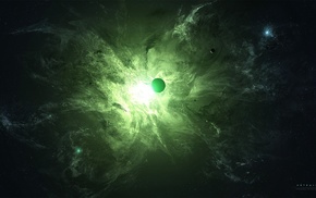 nebula, space art, space, planet, green