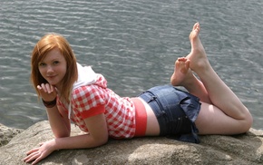 feet, simple background, redhead, girl, model
