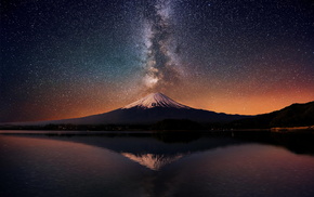 reflection, lake, night, volcano, stars