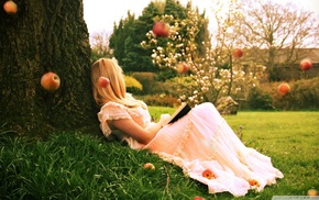 lying down, apples, white dress