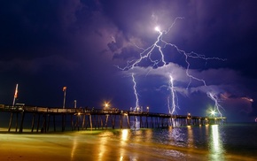 nature, lightning, pier