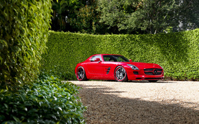 red, nature, trees, road, cars