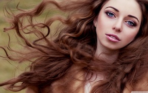 blue eyes, windy, curly hair, model, long hair