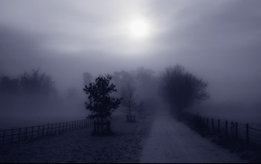 calm, road, mist