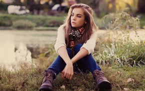 scarf, auburn hair, jeans, blonde, girl outdoors