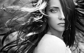 eyes, girl, monochrome, brunette, long hair, face