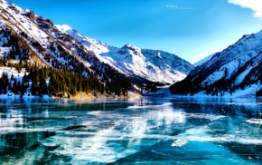 lake, mountain, snow, trees, ice, valley