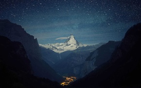 yellow, blue, mountain, stars, white