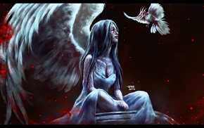 blood, skull, birds, angel, NanFe, wings