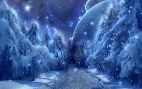 space, forest, path, dirt road, snow, ice