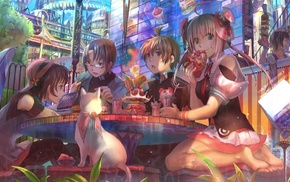 eating, anime, original characters, cat