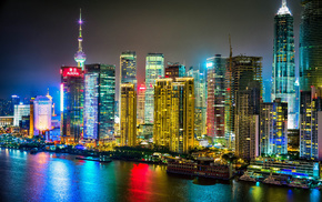 China, lights, city, river, night