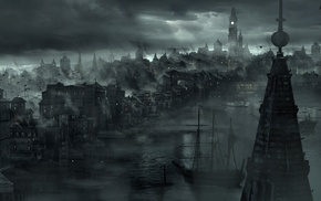 dark, boat, cityscape, mist, river, city