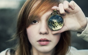 redhead, girl, face, clocks