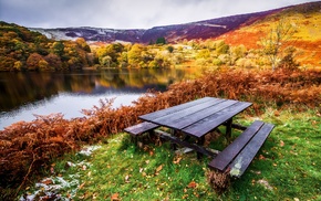 nature, landscape, table, bench, lake