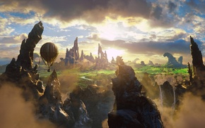 sunlight, rock formation, hot air balloons, digital art, fantasy art, Oz the Great and Powerful