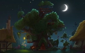 night, treehouses, artwork, moon, house