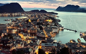 mountain, water, cities, Norway, lighting