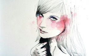 face, girl, artwork, white background, painting, watercolor