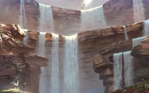 water, waterfall, rock, artwork
