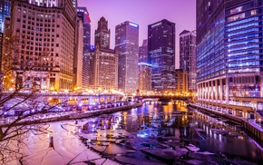 Chicago, river, building, HDR, ice, cityscape
