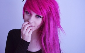 girl, pink hair, piercing, nose rings, smiling