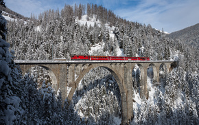 winter, Switzerland, bridge, train, forest