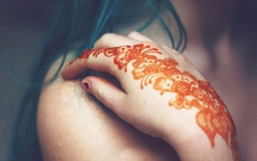 girl, teal hair, hand, henna