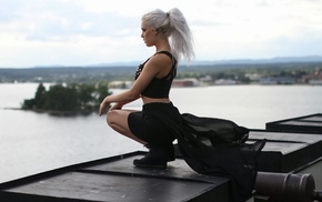 white hair, cannons, cannon, black clothing, girl, lake