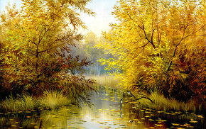 nature, trees, birds, autumn, painting