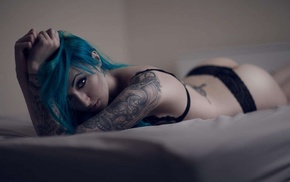 girls, girl, sexy, blue hair, tattoo