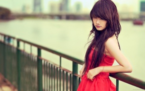 girl, Asian, brunette, model, red dress