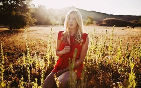 red dress, girl, field, blonde